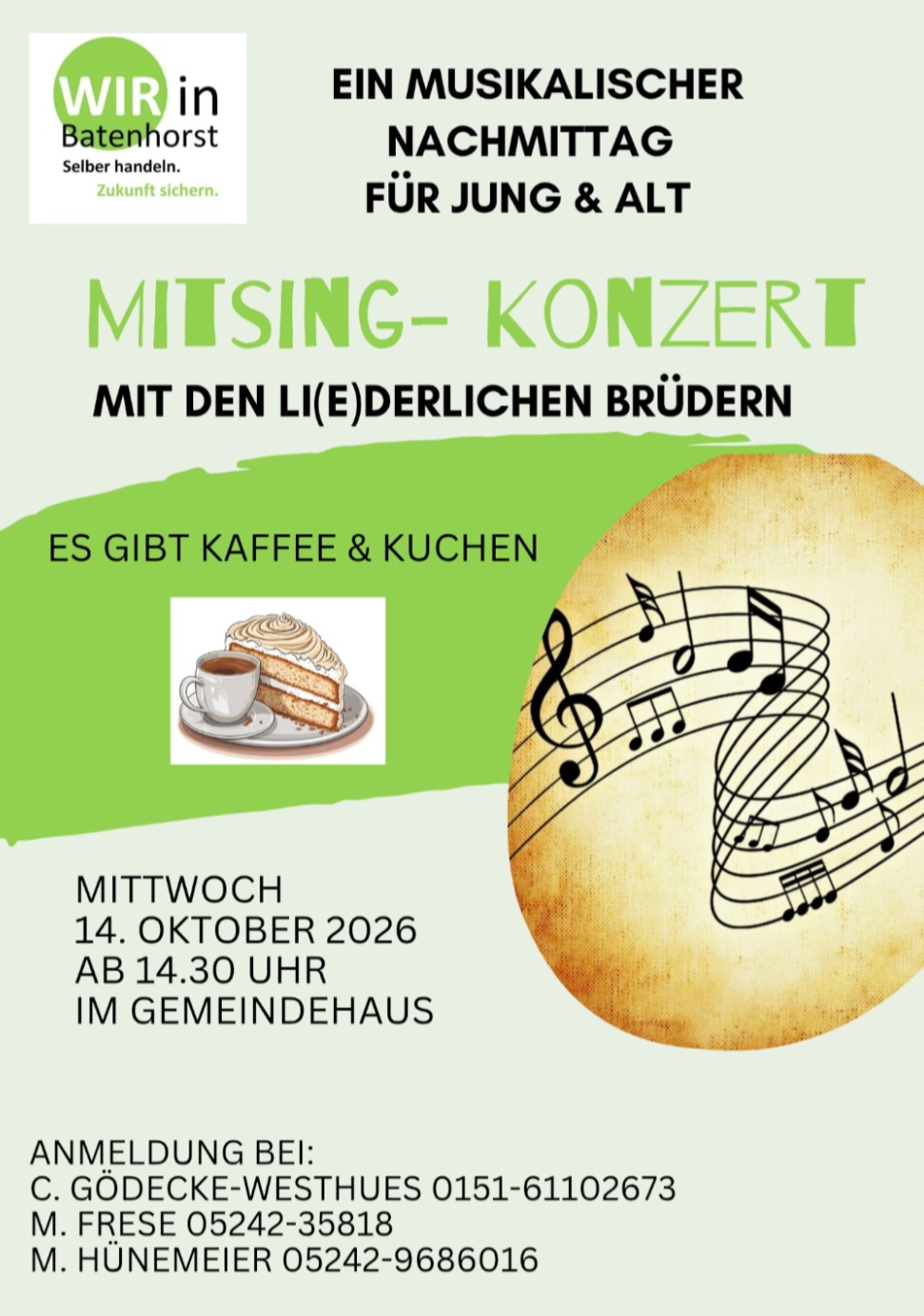 Flyer zum Mitsing-Konzert mit den Li(e)derlichen Brüdern am 14. Oktober 2026 im Gemeindehaus mit Informationen zur Anmeldung
