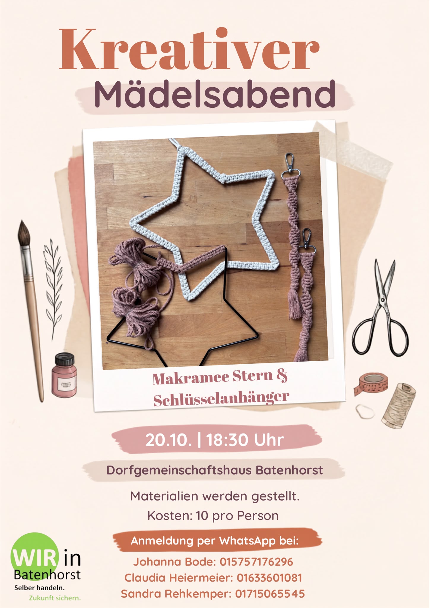 Flyer zum kreativen Mädelsabend am 20. Oktober im Dorfgemeinschaftshaus Batenhorst mit Informationen zur Anmeldung