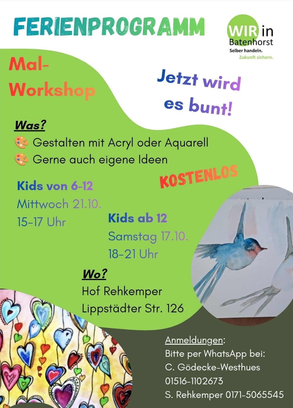 Flyer zum kostenlosen Mal-Workshop auf dem Hof Rehkemper am 17. und 21. Oktober mit Informationen zur Anmeldung