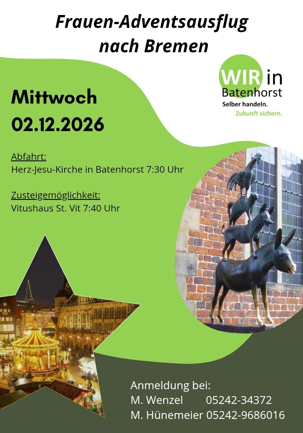 Flyer zum Frauen-Adventsausflug nach Bremen am 2. Dezember 2026 mit Abfahrtszeiten und Informationen zur Anmeldung